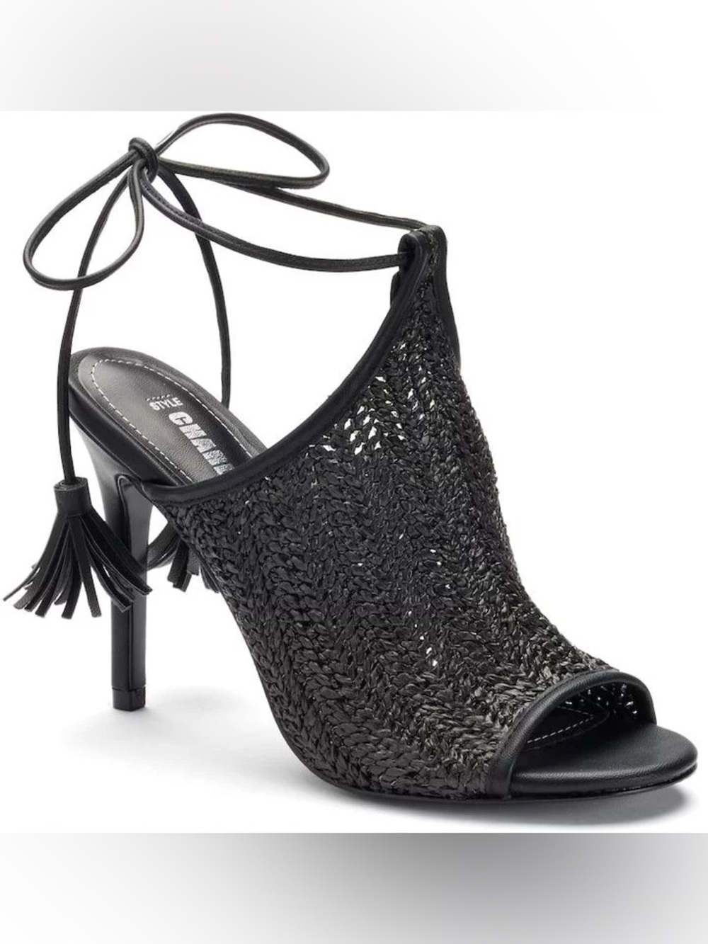Black Woven Lace-Up Open-Peep Stiletto Heels